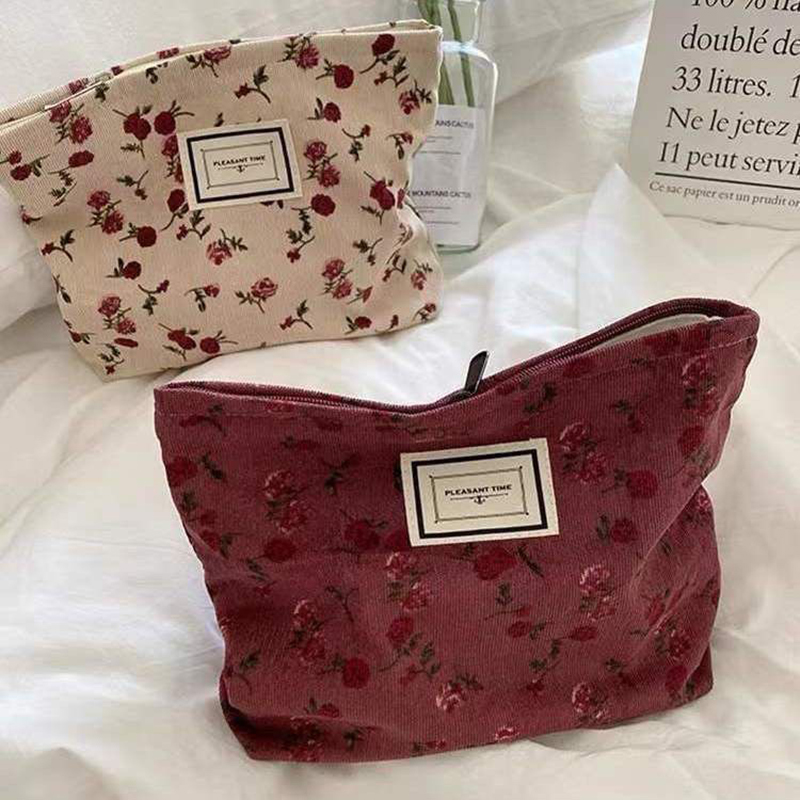 Korean Skincare Routine - Corduroy Flower Cosmetic Bag Clutch Bag